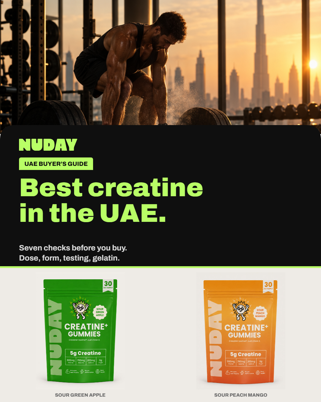 NUDAY Creatine+ Gummies in Sour Green Apple and Sour Peach Mango, 5 g creatine monohydrate per serving