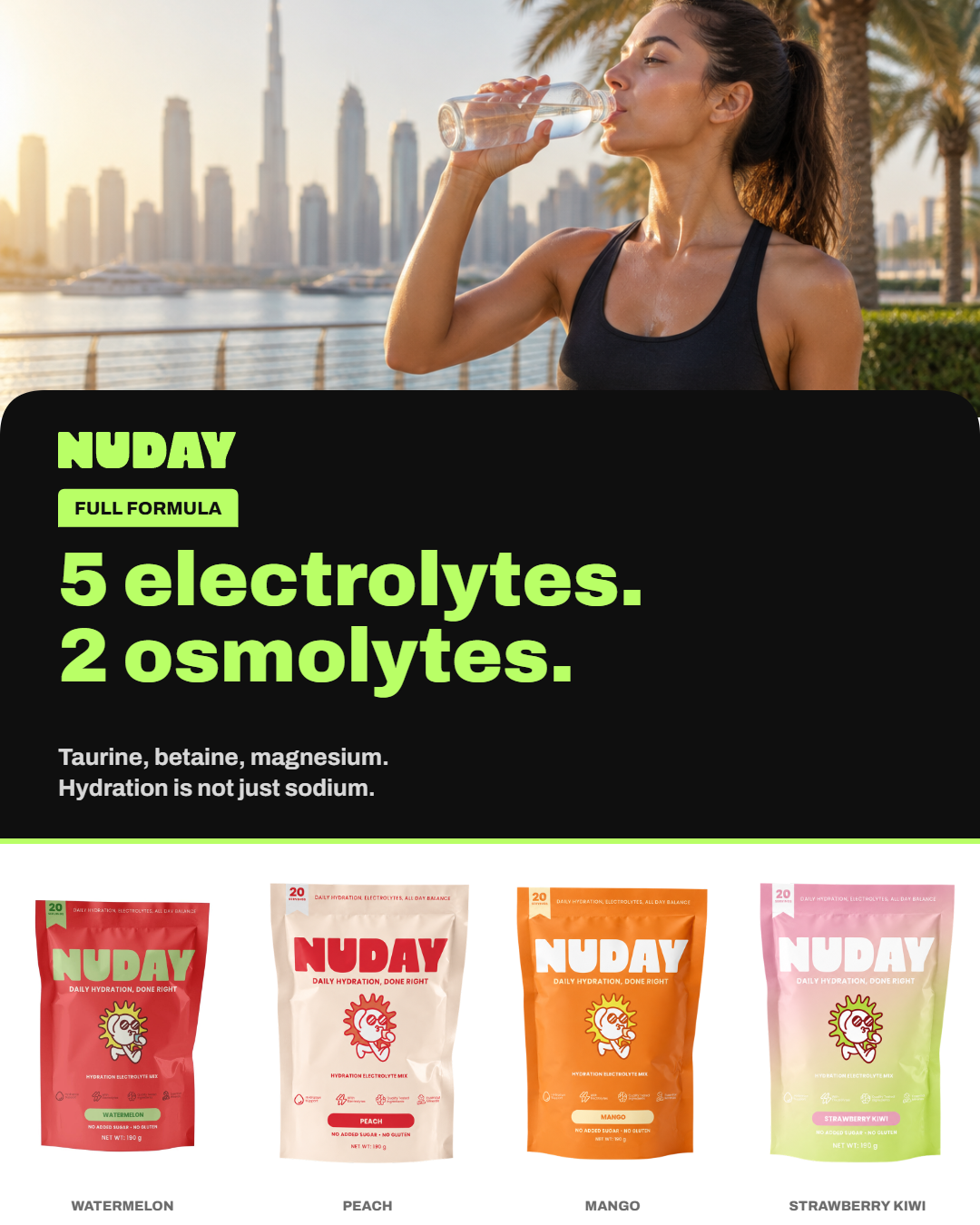 NUDAY Hydration Electrolyte Mix in all four flavours: Watermelon, Peach, Mango and Strawberry Kiwi. Five electrolytes and two osmolytes.