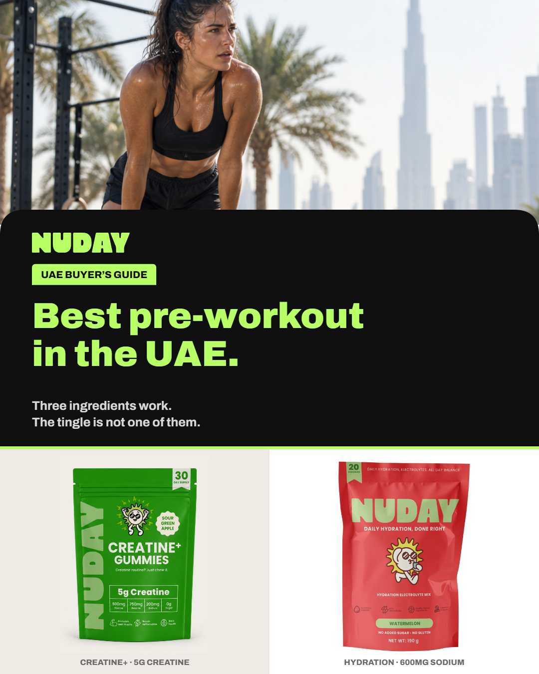 NUDAY Creatine+ Gummies and Hydration Electrolyte Sticks, the stimulant-free alternative to a pre-workout