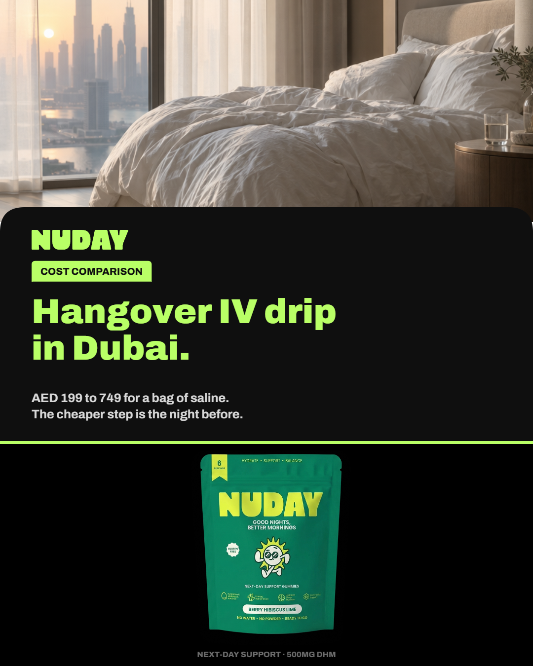NUDAY Next-Day Support Gummies with 500 mg DHM, the night-before alternative to a hangover IV drip in Dubai