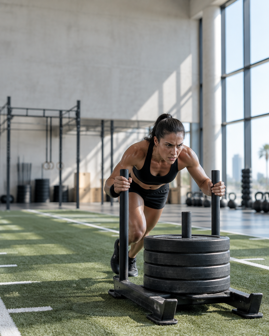 Athlete driving a weighted sled across turf in a bright functional fitness gym during Hyrox training