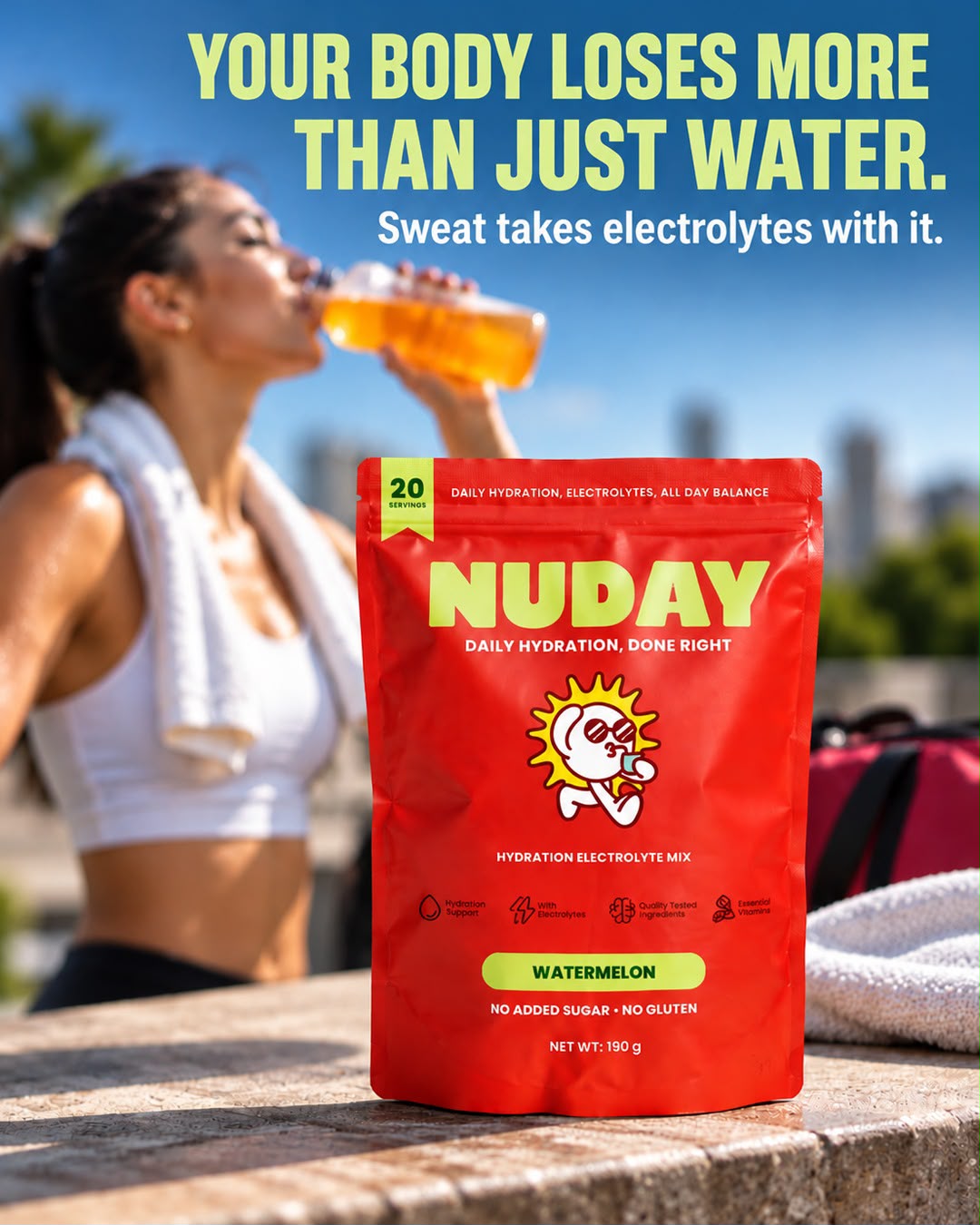 NUDAY Hydration Electrolyte Mix, Watermelon, with an athlete drinking after training in Dubai heat. Your body loses more than just water.