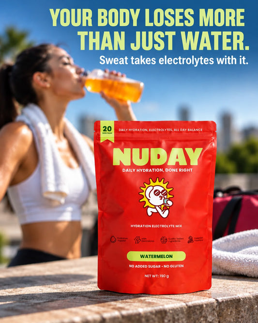 NUDAY Hydration Electrolyte Mix, Watermelon, with an athlete drinking after training in Dubai heat. Your body loses more than just water.