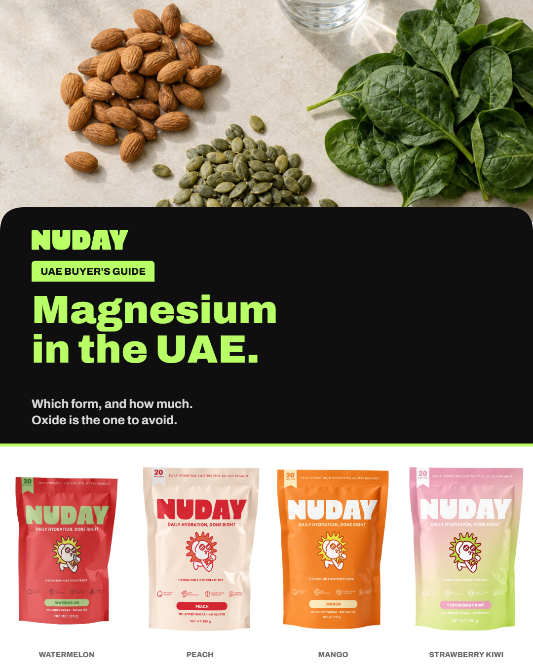 NUDAY Hydration Electrolyte Sticks in all four flavours, 120 mg magnesium per stick