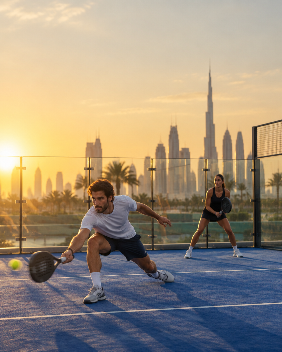 Two padel players mid-rally on a glass-walled court in Dubai at golden hour with the skyline behind