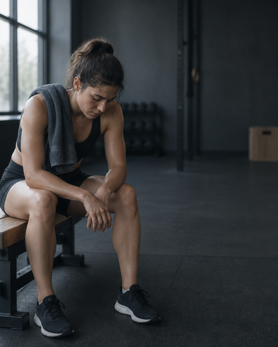 Athlete sitting on a gym bench after a hard training session, head lowered, towel over one shoulder
