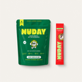 Green and red NUDAY supplement packages on a white background